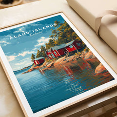 Åland Islands Picturesque Nordic Huts Print | Scandinavian Travel Wall Decor showcasing red huts by water.