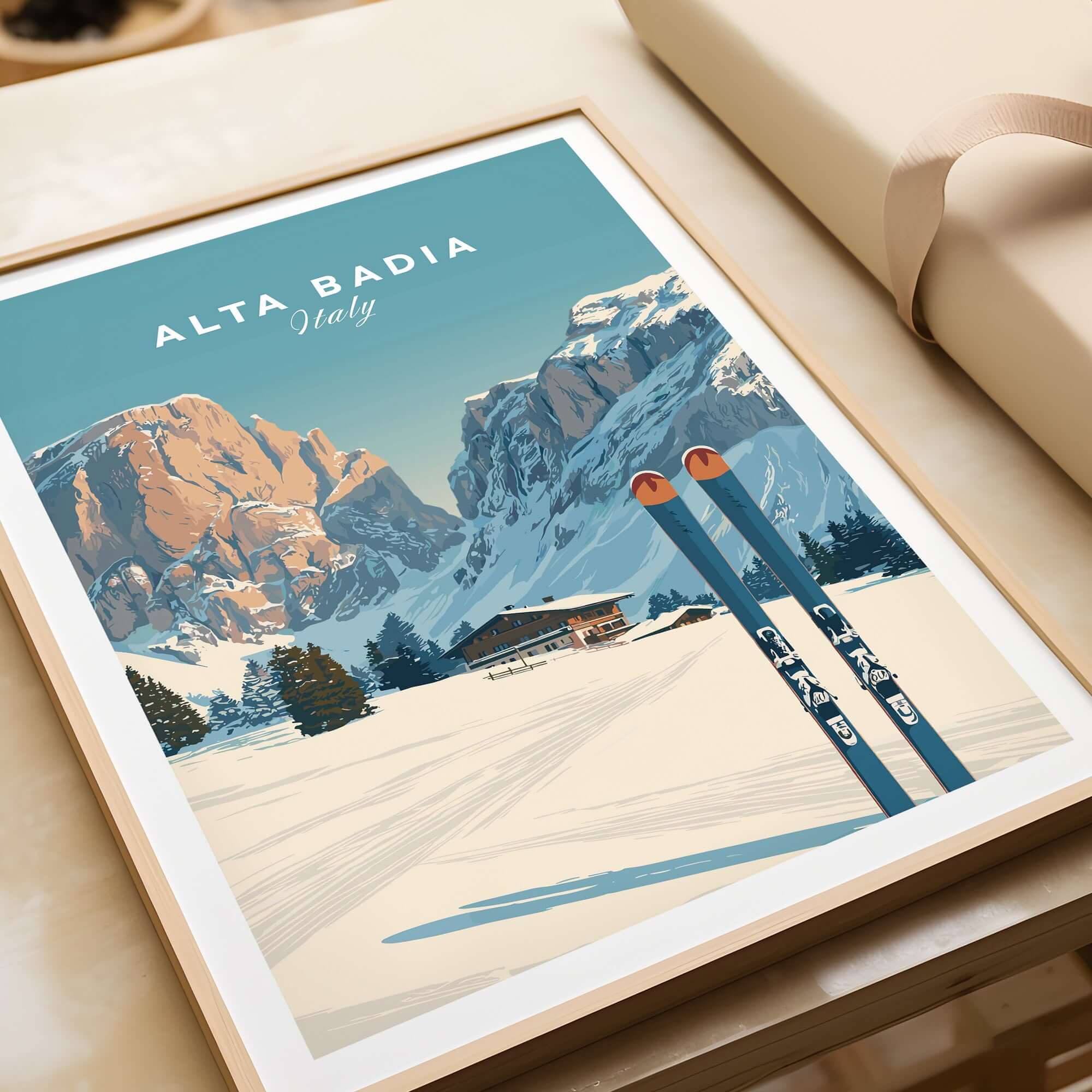 Alta Badia Italy ski resort poster featuring snowy mountains and skis, perfect for ski enthusiasts and nature lovers.