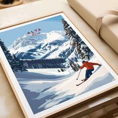 Alta Utah ski poster featuring a skier on fresh powder snow with mountain backdrop, perfect wall art for winter sports enthusiasts.