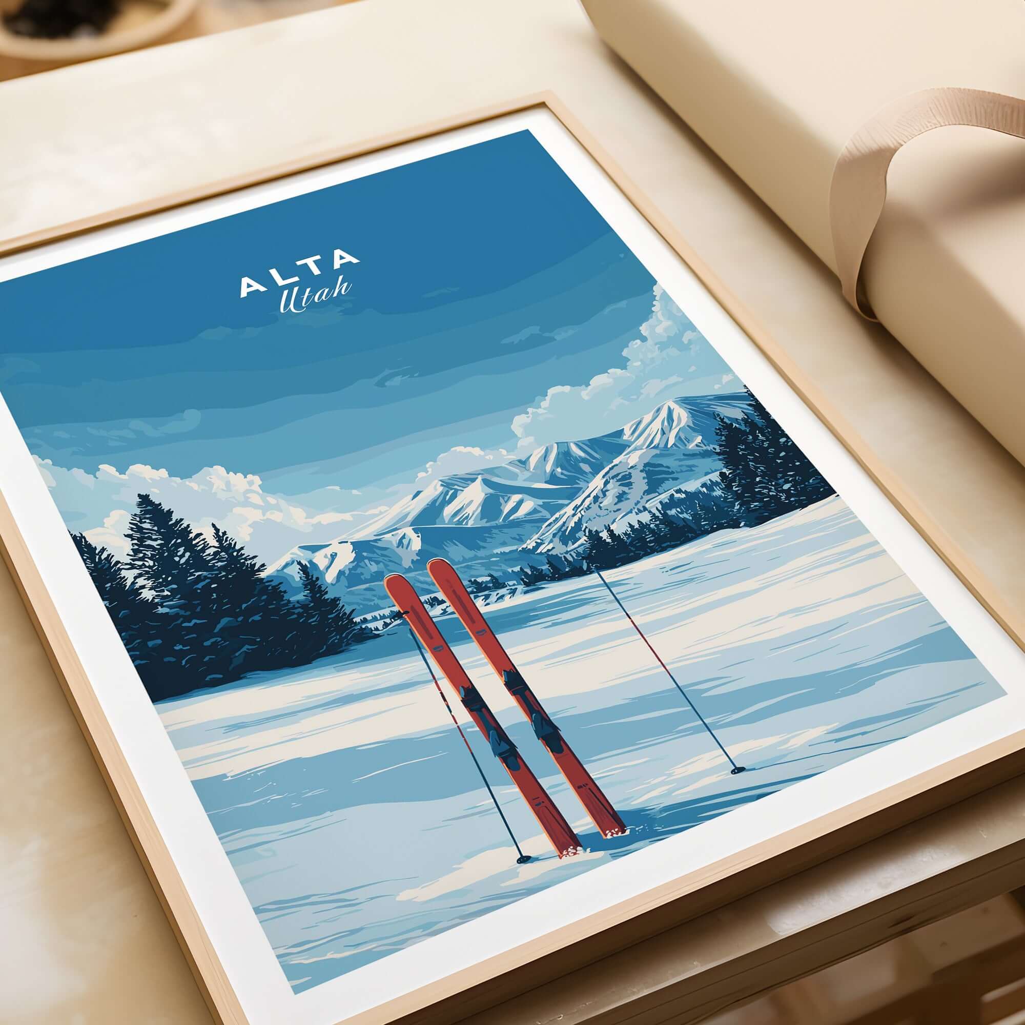 Alta Utah skis resting in fresh powder with scenic mountain backdrop - playful ski resort wall art.