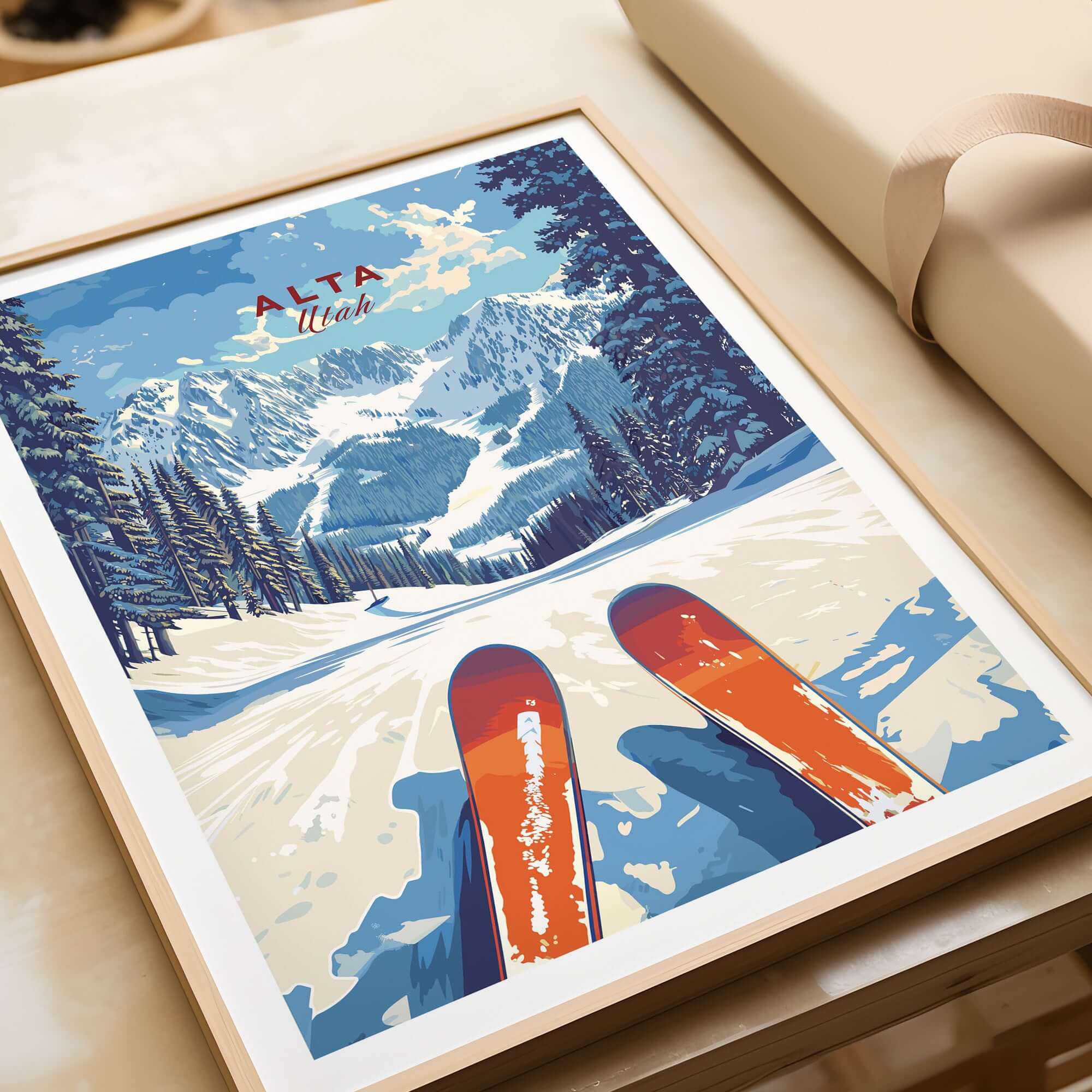 Alta Utah Ski View print featuring snowy mountains and ski gear, perfect for winter wall art.