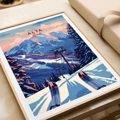Alta Utah Ski Lift poster showcasing a scenic view of mountains and ski slopes at sunset.