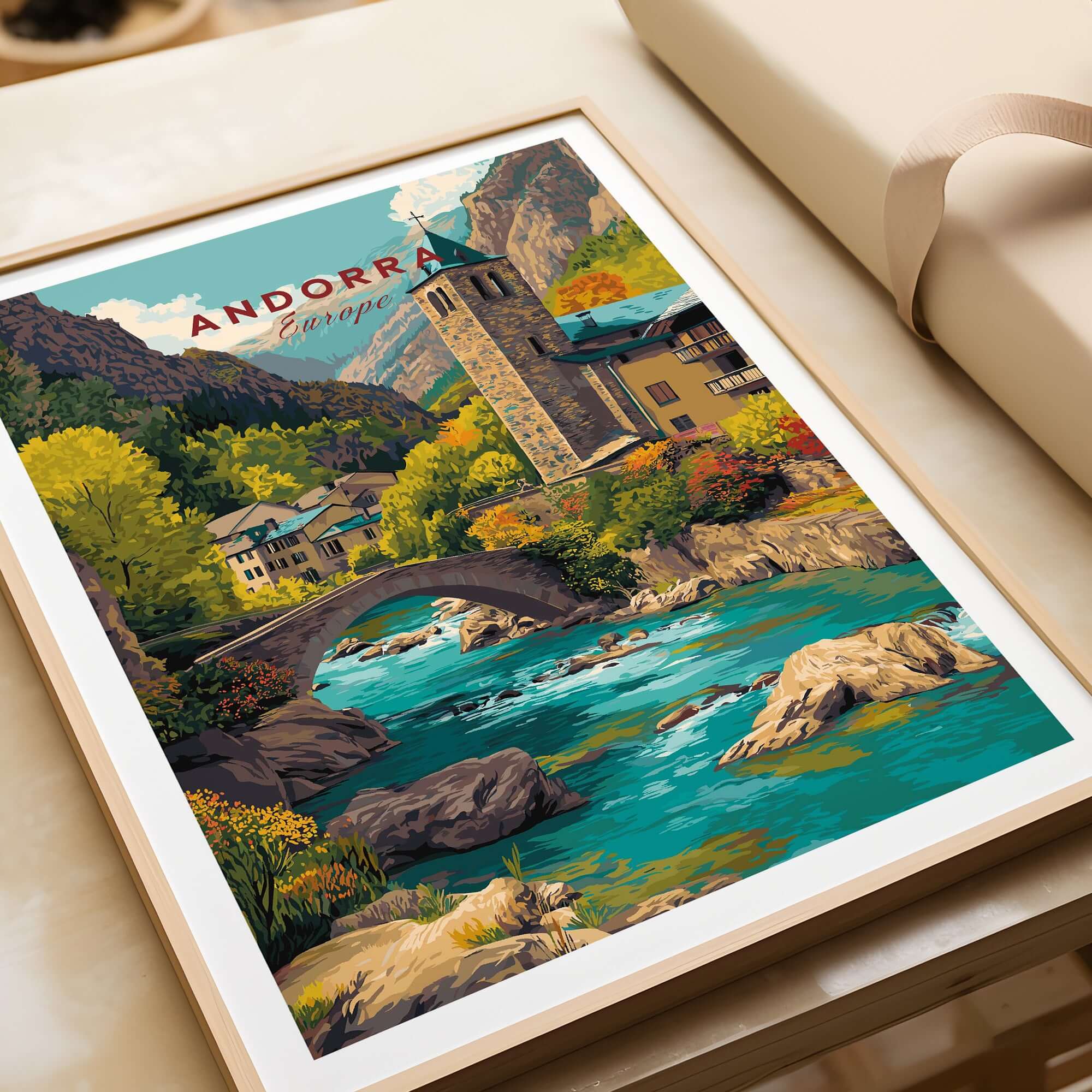 Andorra Valira River Valley Village Print | European Mountain Wall Decor in a framed art piece featuring scenic landscapes.