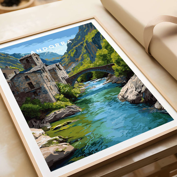 Andorra Poster | European Mountain Valley Decor features a serene river and bridge in a picturesque alpine setting.