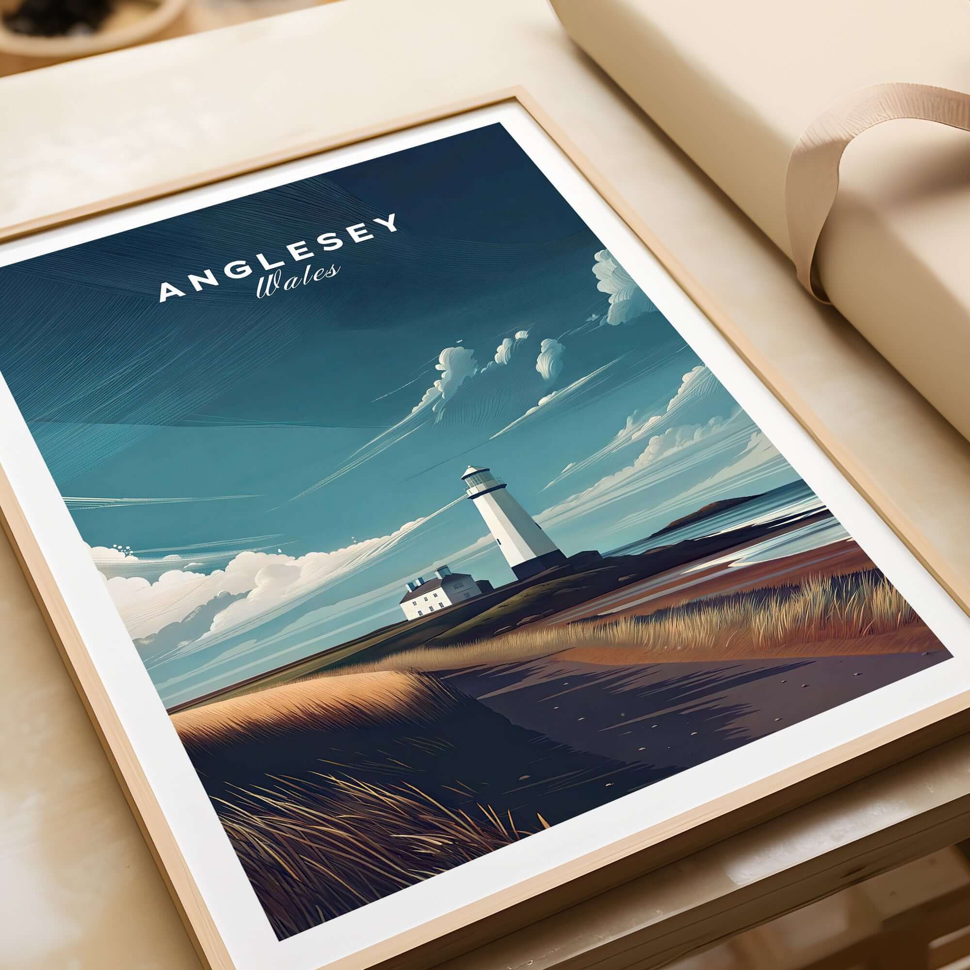 Anglesey Wales Lighthouse Coastal Print - Welsh Landscape Wall Art showcasing a serene lighthouse and coastal scenery.