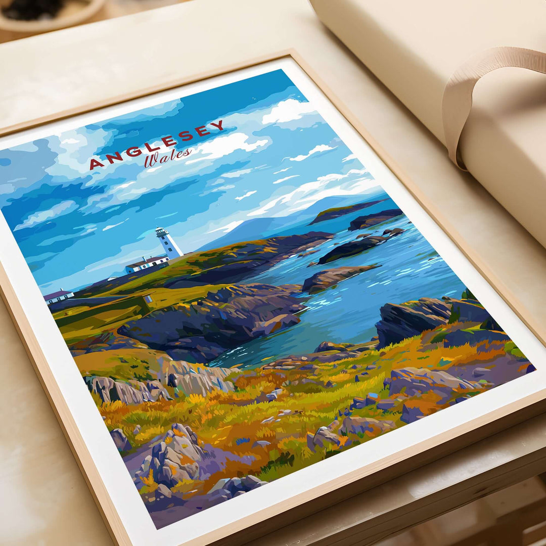 Anglesey Wales poster featuring a rocky coast and lighthouse, perfect for Celtic wall art and home decor.
