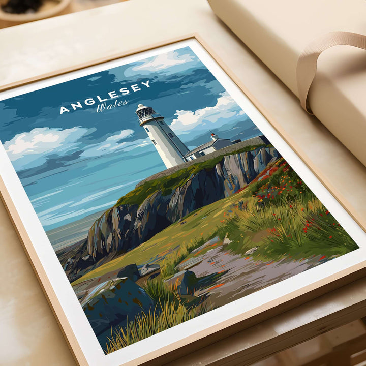 Anglesey lighthouse print on cliffs, showcasing Wales' coastal path beauty in vibrant colors.