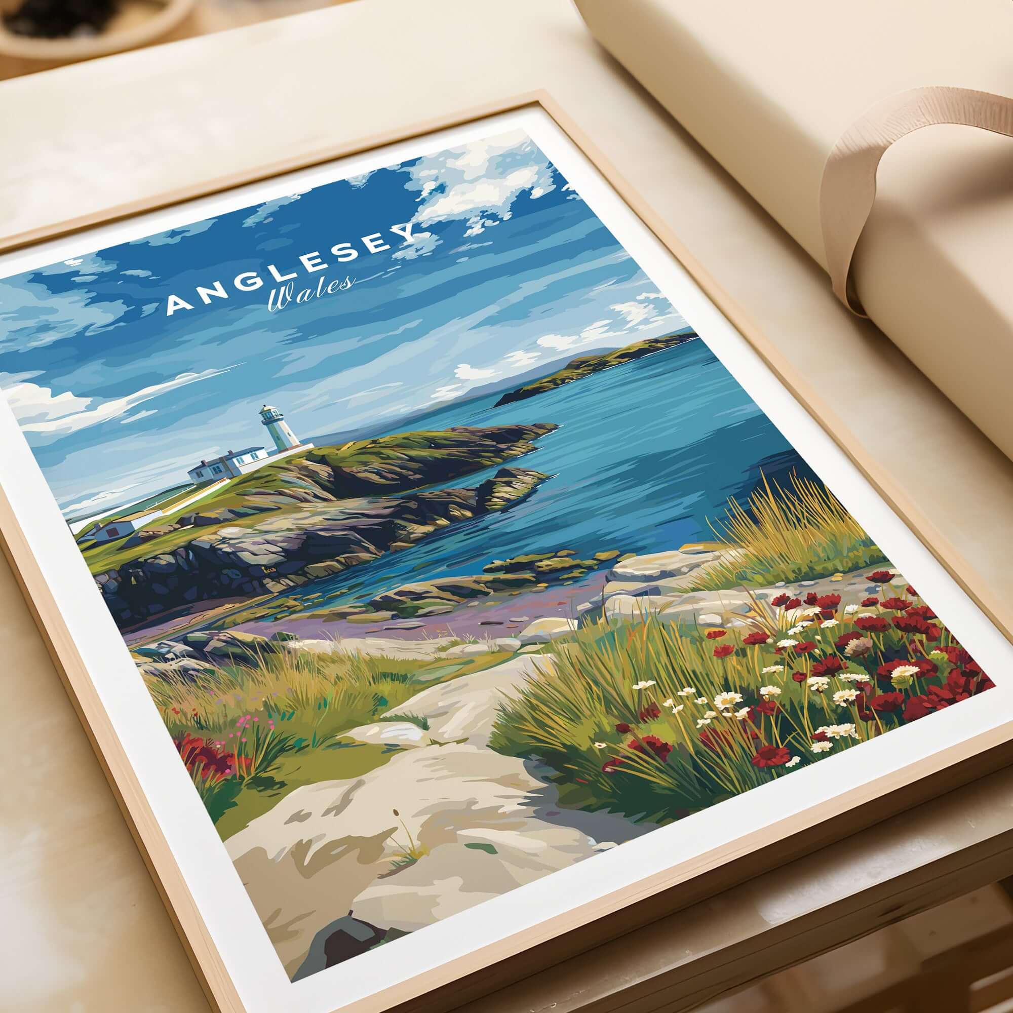 Anglesey Wales Wildflowers Lighthouse Poster - Vibrant Coastal Wall Art featuring a scenic lighthouse and blooming wildflowers.