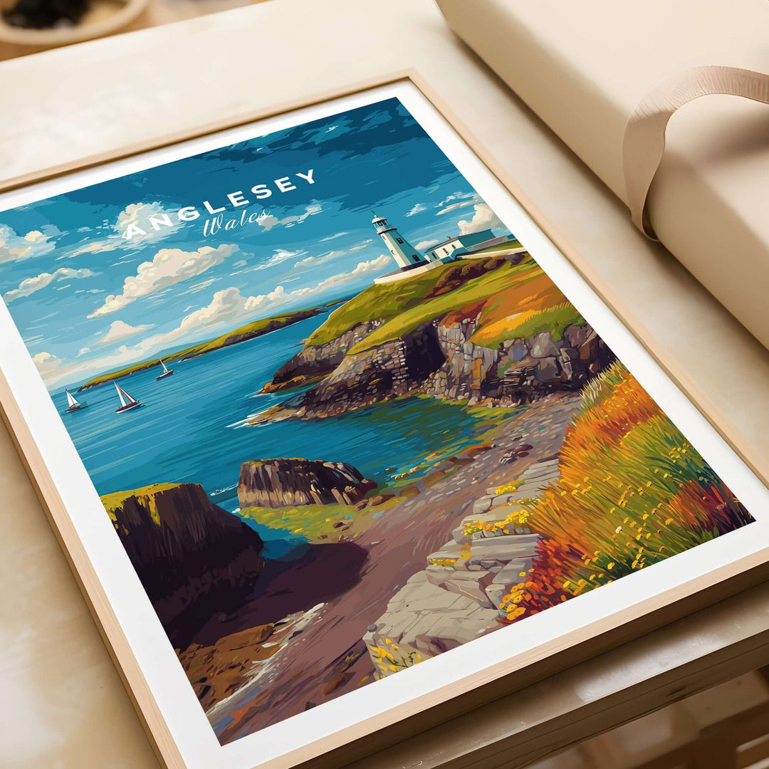 Anglesey Wales sailboats and lighthouse print, vibrant coastal wall art showcasing maritime beauty.