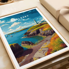 Anglesey Wales Sailboats & Lighthouse Print - Nautical Coastal Wall Art showcasing a vibrant coastal scene with a lighthouse.