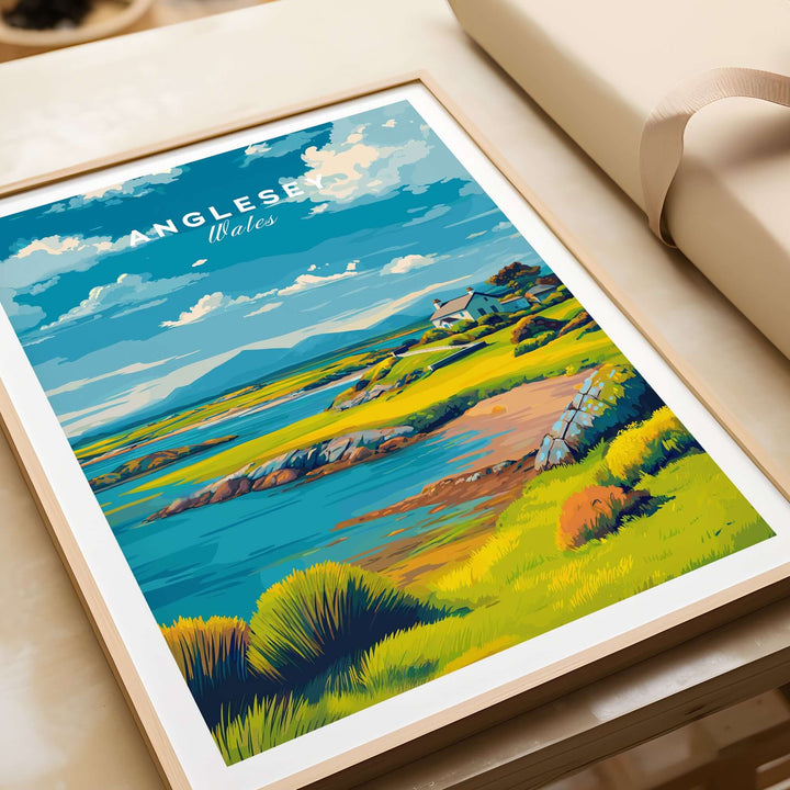 Anglesey Wales green coastline print, showcasing tranquil rural landscape and vibrant nature, perfect for home décor.