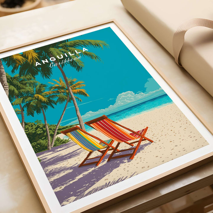 Anguilla Caribbean wall art print featuring colorful chairs on a serene tropical beach with palm trees.