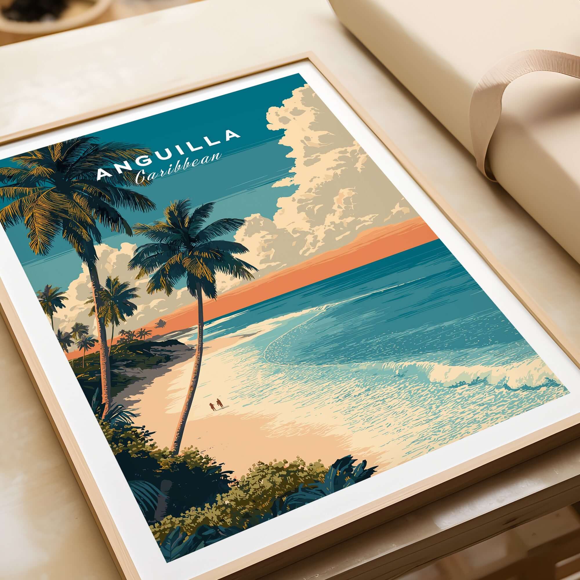 Anguilla Poster Caribbean Beach Wall Art showcasing a vibrant beach scene with palm trees and serene waters.