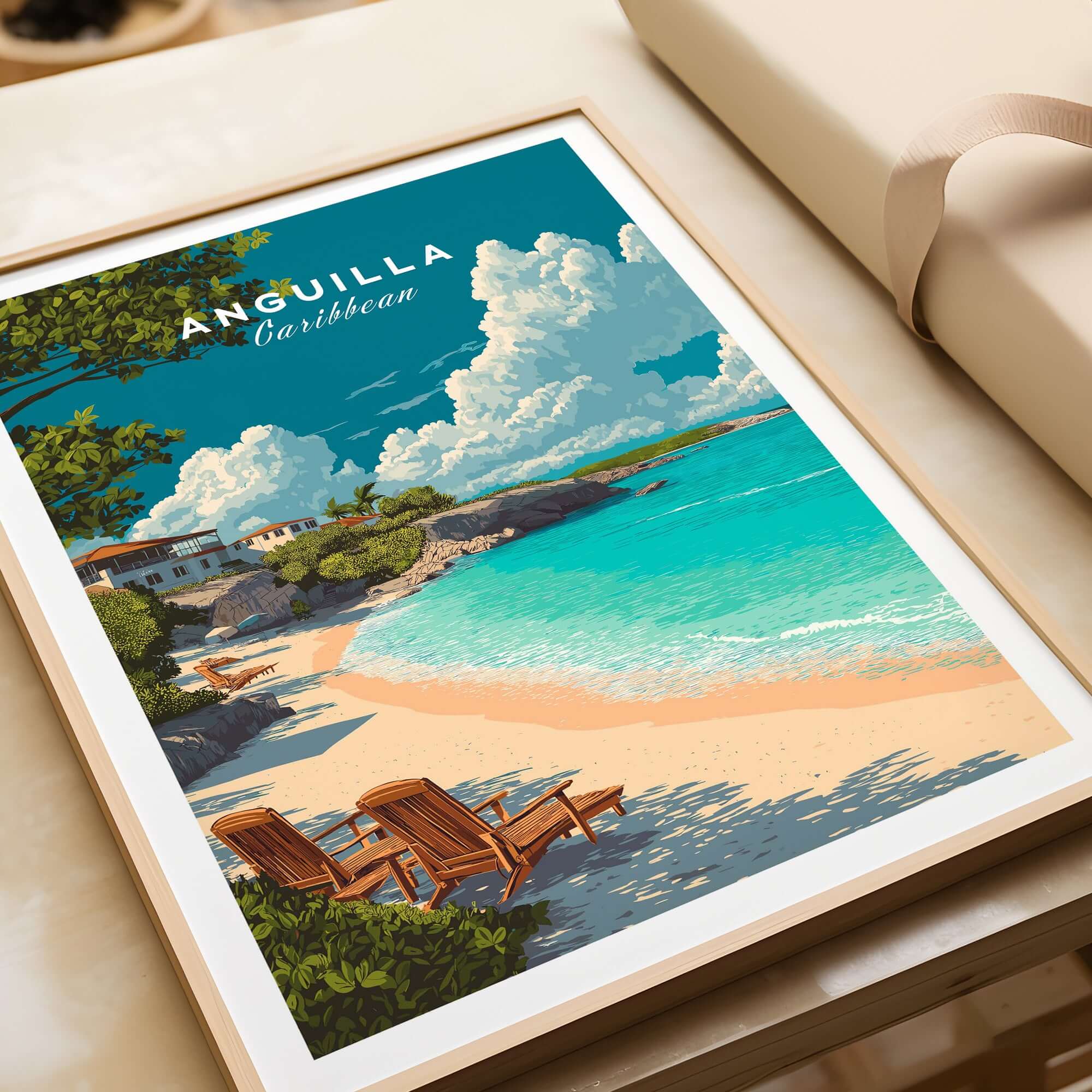 Anguilla Caribbean Beach Print featuring a serene beach scene with turquoise waters and beach chairs.