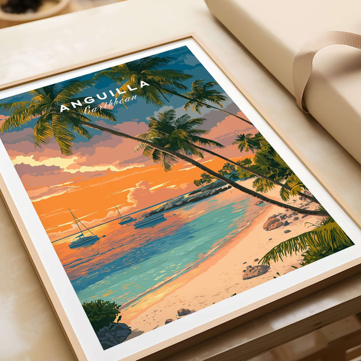 Anguilla Caribbean sunset poster featuring vibrant beach scene with palm trees and sailboats.
