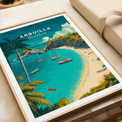 Anguilla Travel Poster - Caribbean Wall Art showcasing stunning beach and tropical scenery in a framed artwork.