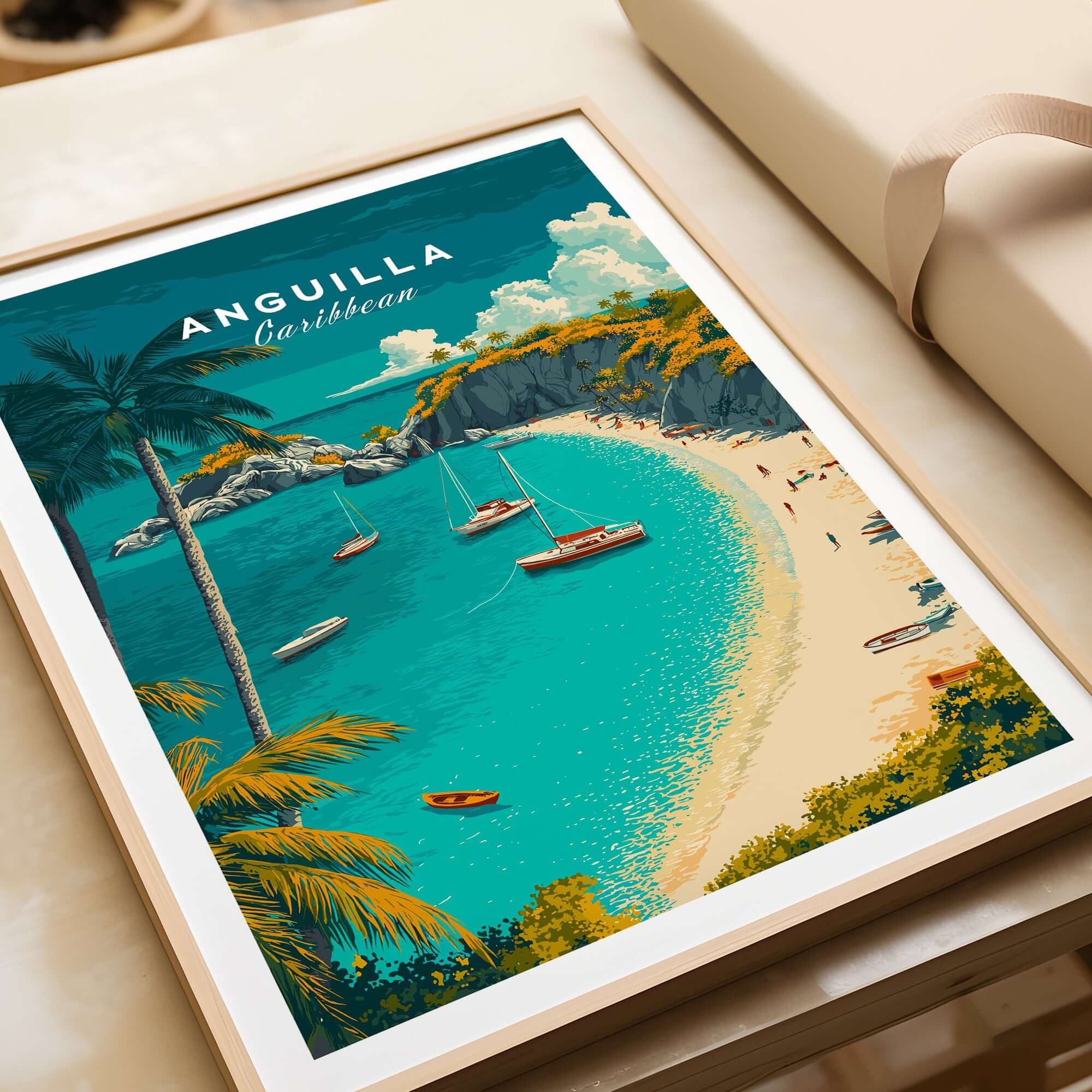 Anguilla Travel Poster - Caribbean Wall Art showcasing stunning beach and tropical scenery in a framed artwork.