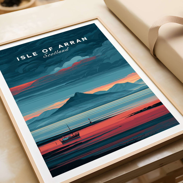 Isle of Arran Sunset Print featuring dramatic Scottish landscape art with mountains and sea.