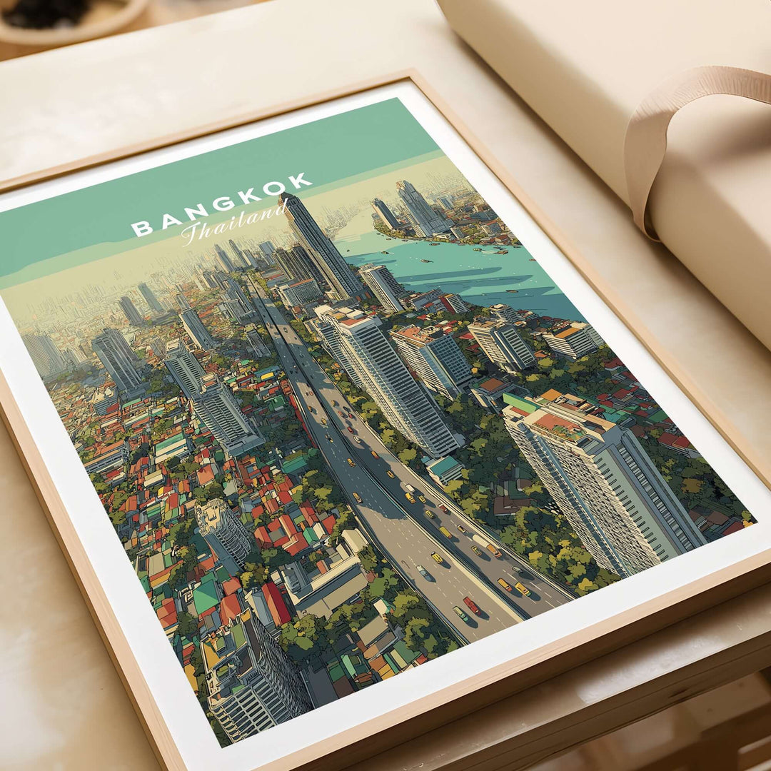 Bangkok Thailand city skyline poster showcasing high-rise buildings and urban landscape, framed and stylish.