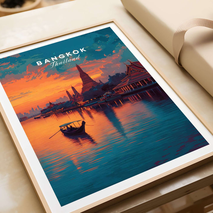 Bangkok Thailand Wat Arun sunset reflection print, showcasing the Temple of Dawn in warm golden light.