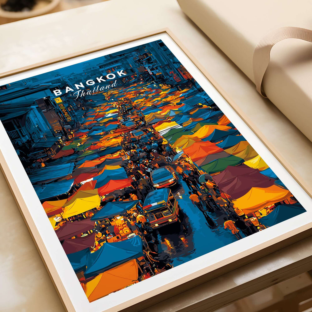 Overhead view of Bangkok Thailand night market, showcasing vibrant stalls and bustling street scene.