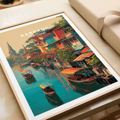 Bangkok Thailand Klong Canal Houses Print - Traditional Thai Village Wall Art showcasing canal-side homes and vibrant colors.