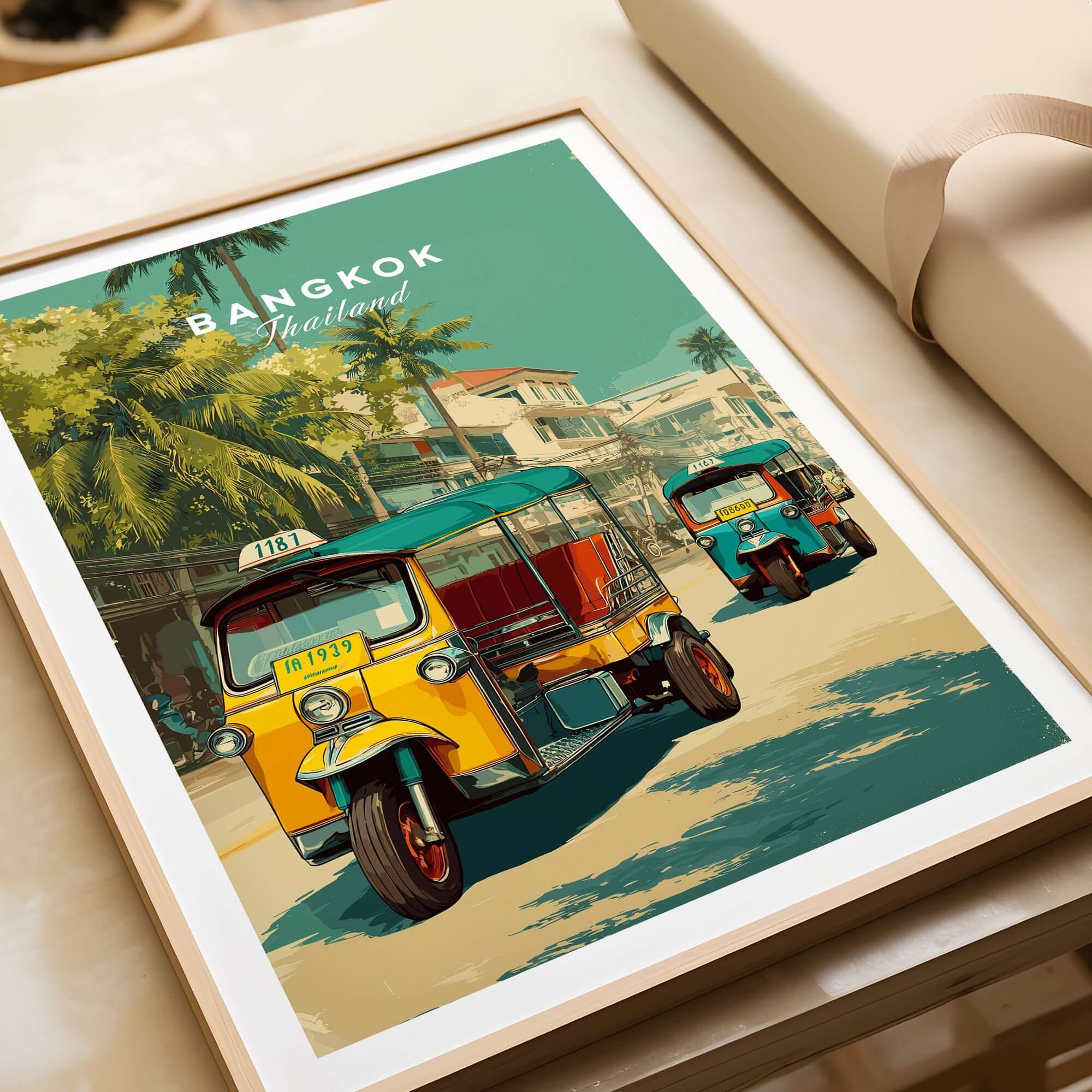 Bangkok Thailand Tuk Tuk City Street Poster - Wall Art featuring vibrant tuk tuks amidst a lively urban backdrop.