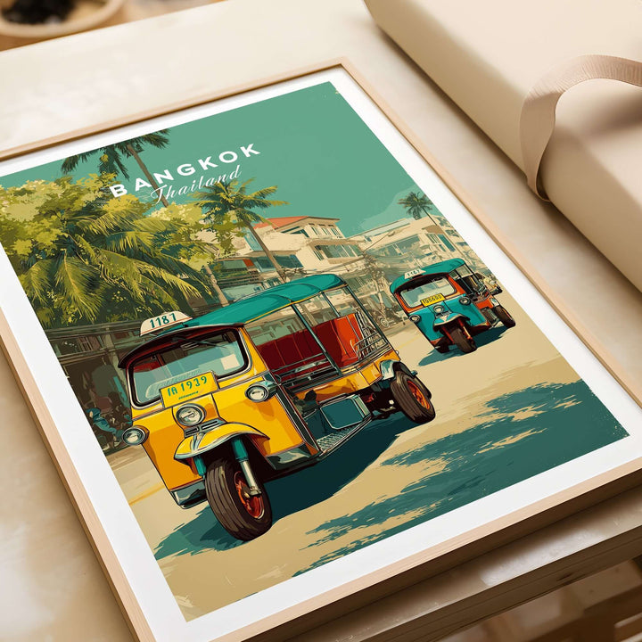 Bangkok Thailand tuk tuk city street poster showcasing vibrant urban life and traditional transport.