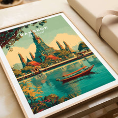 Bangkok Poster Thailand Wat Arun River Scene Print - Grand Temple Wall Art featuring serene river and intricate temple.
