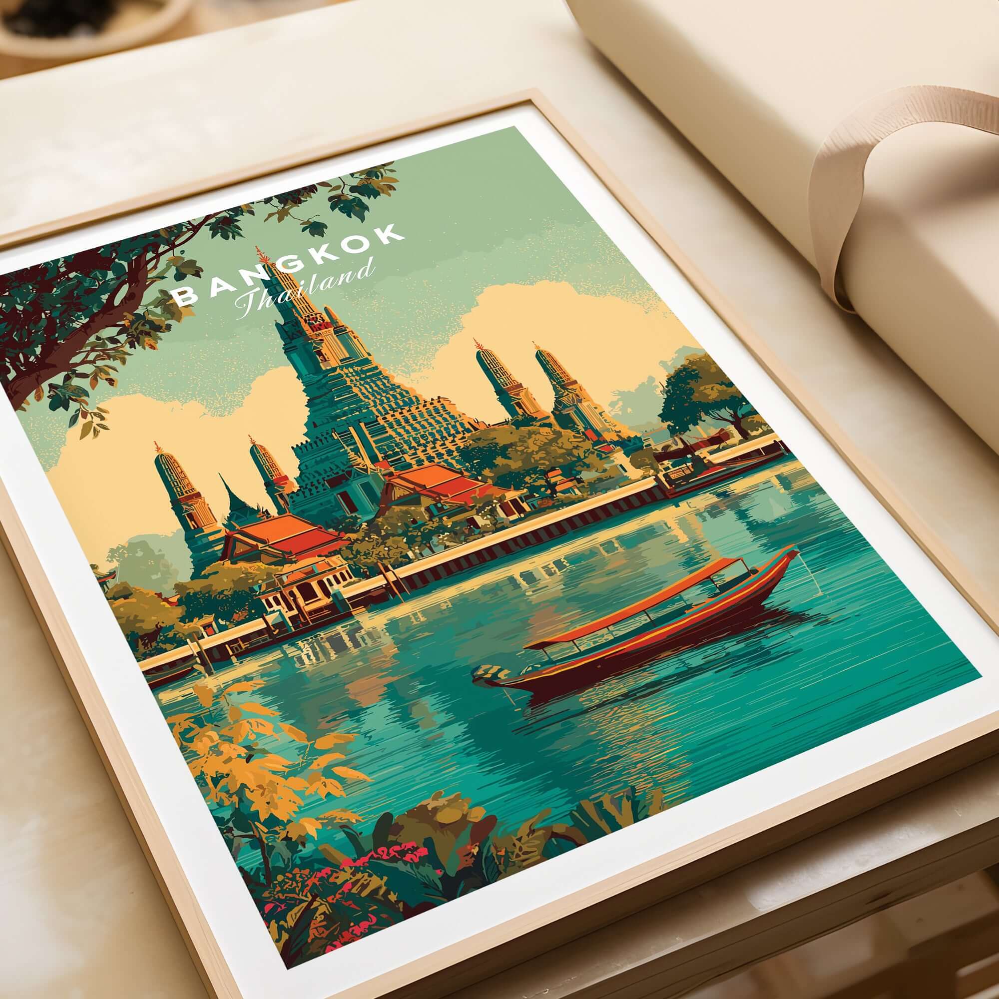 Bangkok Poster Thailand Wat Arun River Scene Print - Grand Temple Wall Art featuring serene river and intricate temple.