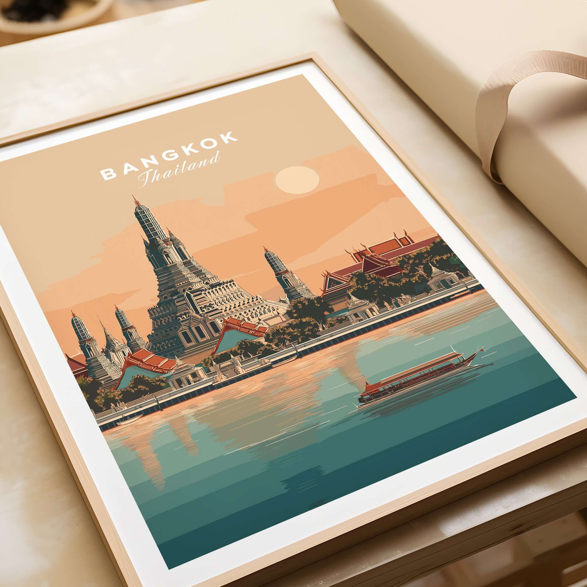 Bangkok Print Thailand Wat Arun Temple - Chao Phraya River Wall Art featuring serene sunset and unique architecture.