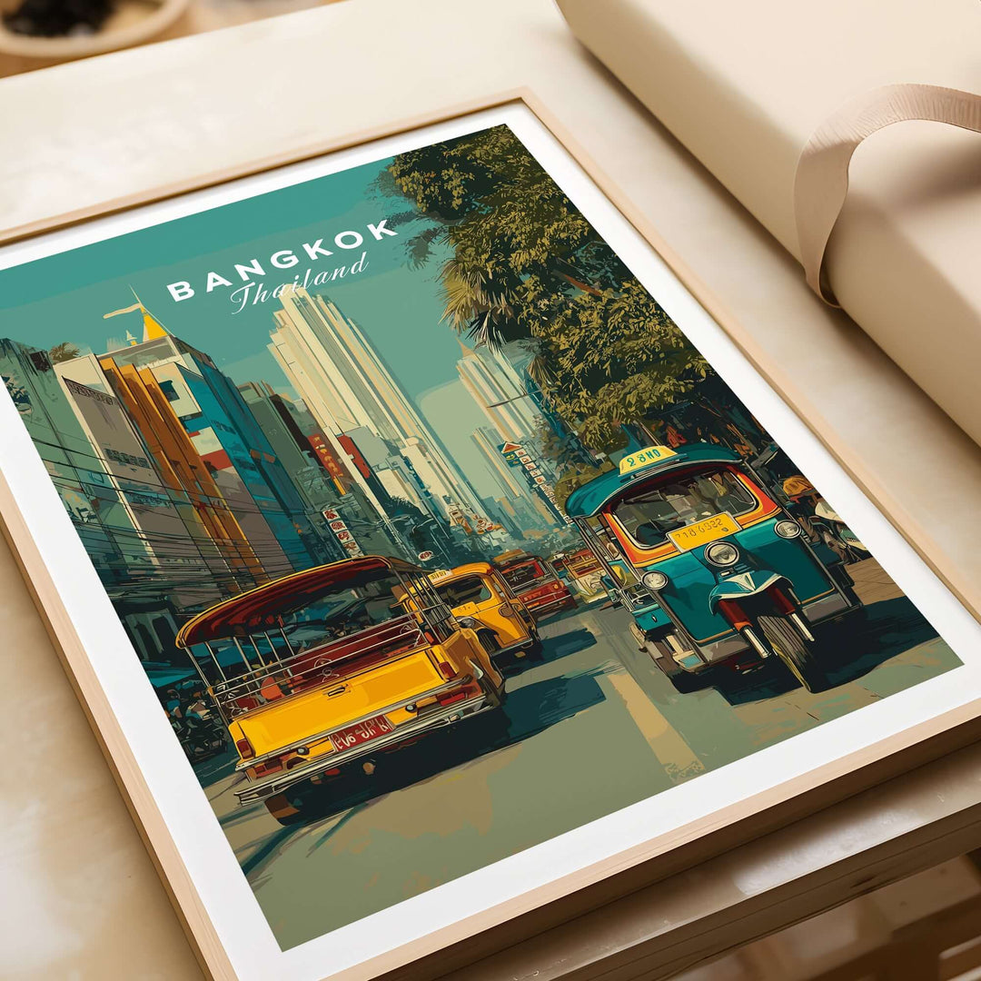 Framed Bangkok Thailand poster featuring a vibrant tuk tuk street scene with bustling city life.