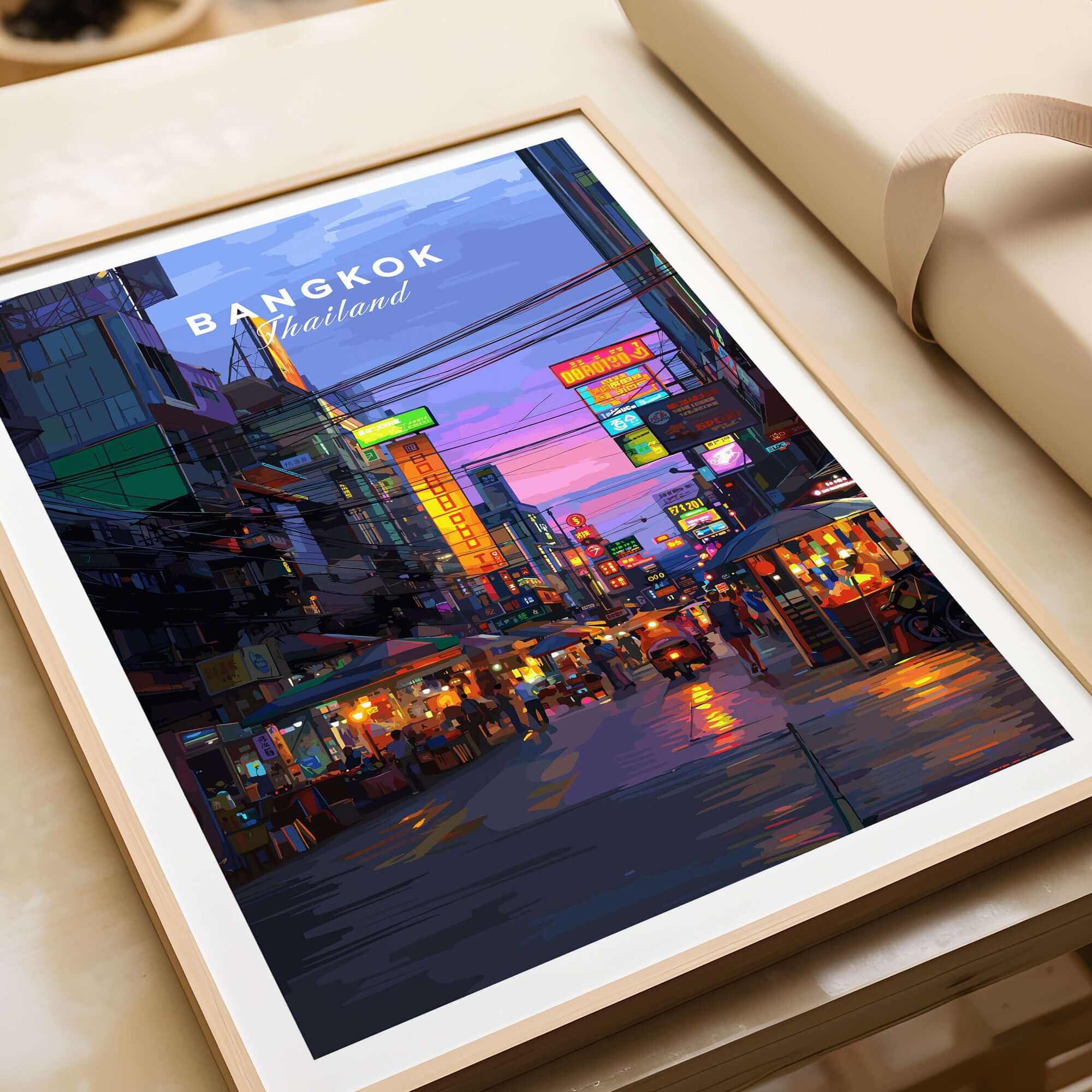 Bangkok Thailand Print Night Market Street -Thai Cityscape Poster showcasing vibrant nightlife and colorful cityscape.
