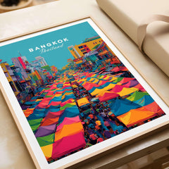 Bangkok Thailand Poster Colorful Market Tents - Vibrant Street Market Print featuring vibrant market tents in a colorful street scene.