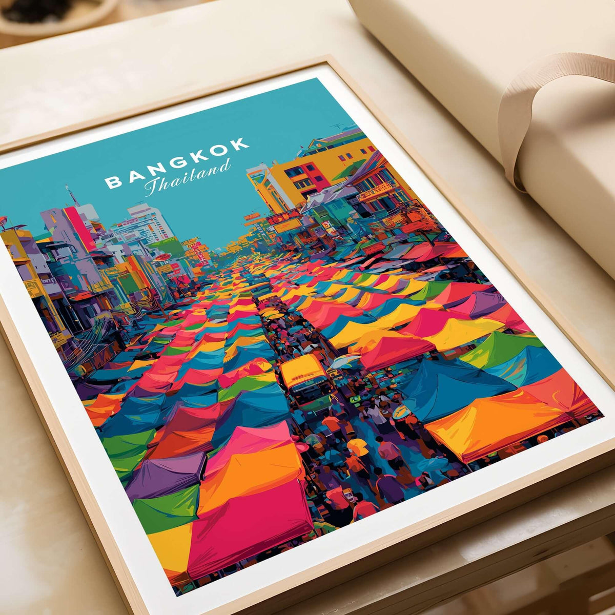Bangkok Thailand Poster Colorful Market Tents - Vibrant Street Market Print featuring vibrant market tents in a colorful street scene.