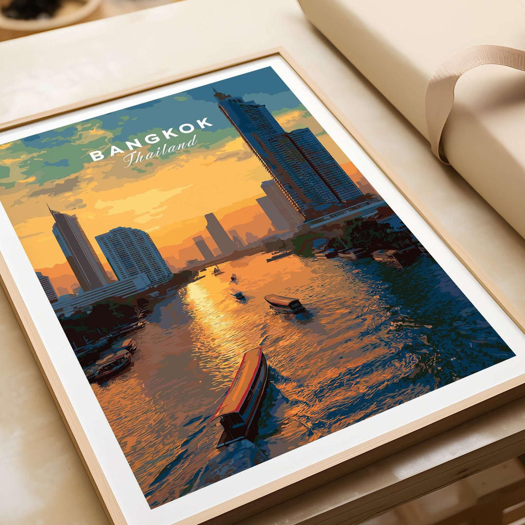 Bangkok Thailand river boats sunset print showcasing vibrant city skyline on the Chao Phraya River.