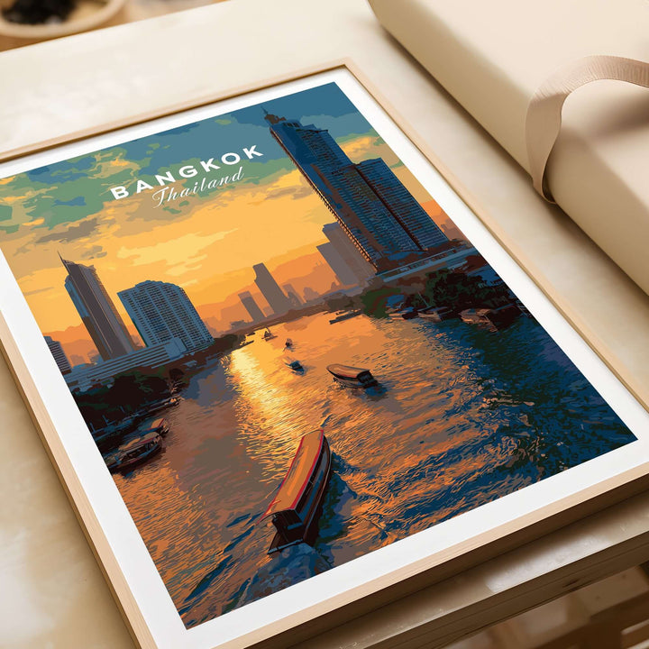Bangkok Thailand river boats sunset print showcasing vibrant city skyline on the Chao Phraya River.