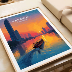 Bangkok Sunset Poster Thailand Longtail Boat - River City Skyline Print featuring a vibrant sunset and traditional boat.