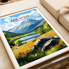 Ben Nevis Scotland Mountain Lake Landscape Print - Scottish Highlands Wall Art showcasing serene waters and majestic peaks.