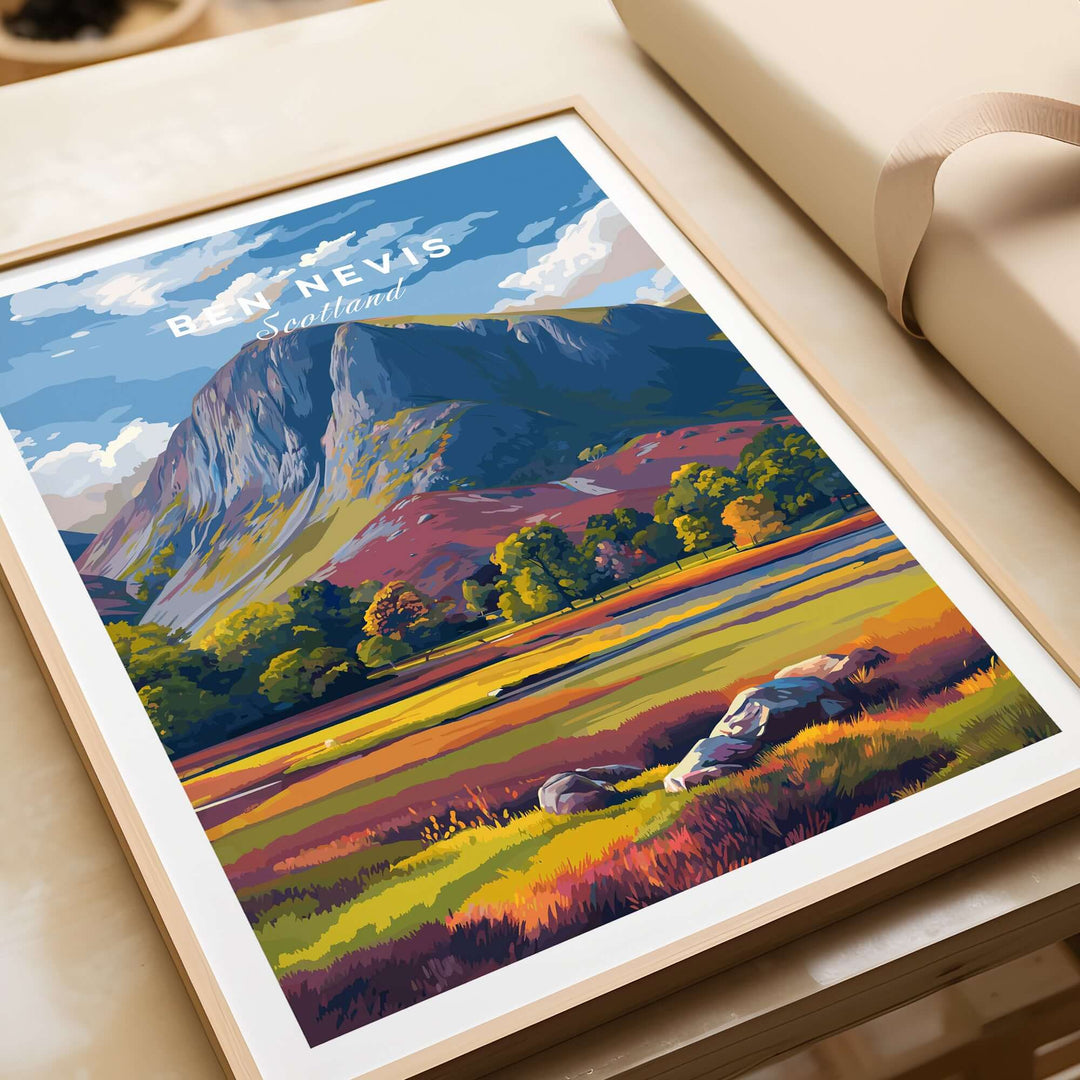 Ben Nevis Scotland print showcasing colorful valley and vibrant mountain scenery in a framed poster design.