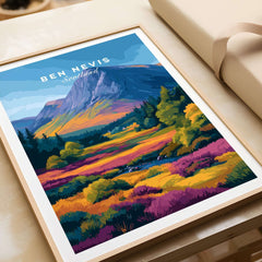 Ben Nevis Scotland Poster Autumn Mountain View - Fall Colors Wall Art framed on a table showcasing vibrant autumn landscape.