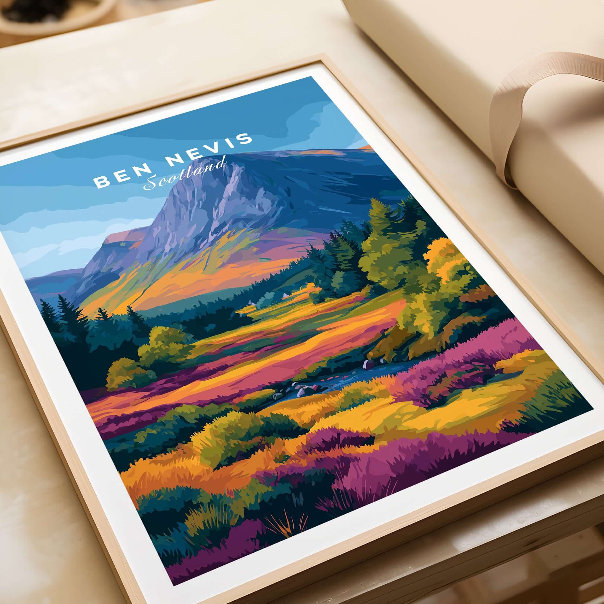 Ben Nevis Scotland Poster Autumn Mountain View - Fall Colors Wall Art framed on a table showcasing vibrant autumn landscape.