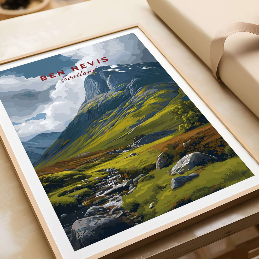 Ben Nevis art print featuring a flowing stream and a majestic mountain in a rugged Scottish landscape.