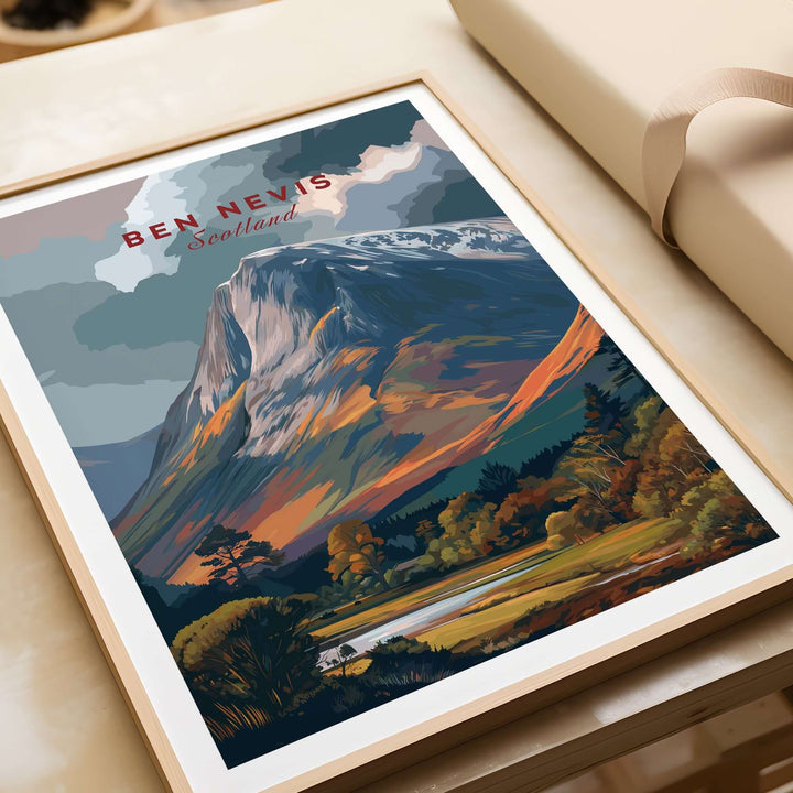 Framed Ben Nevis poster showcasing the snow-capped mountain and lush Scottish landscape, perfect for wall art decor.