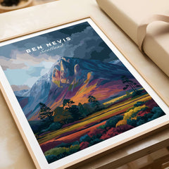 Ben Nevis Art Illustration Print Scotland Vibrant Dusk Mountain - Colorful Landscape Poster showcasing a vibrant mountain landscape.