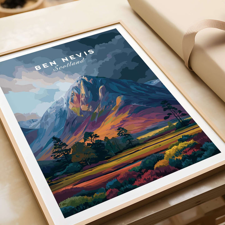Ben Nevis art illustration print featuring a colorful mountain landscape of Scotland at dusk.