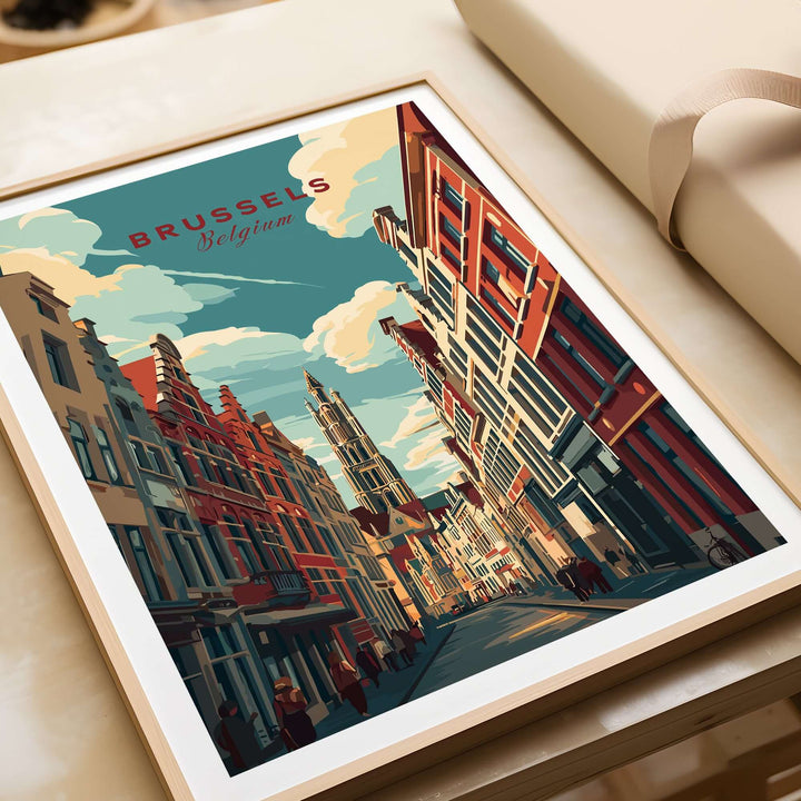 Brussels Belgium street art poster featuring vibrant architecture and historic charm of the city.
