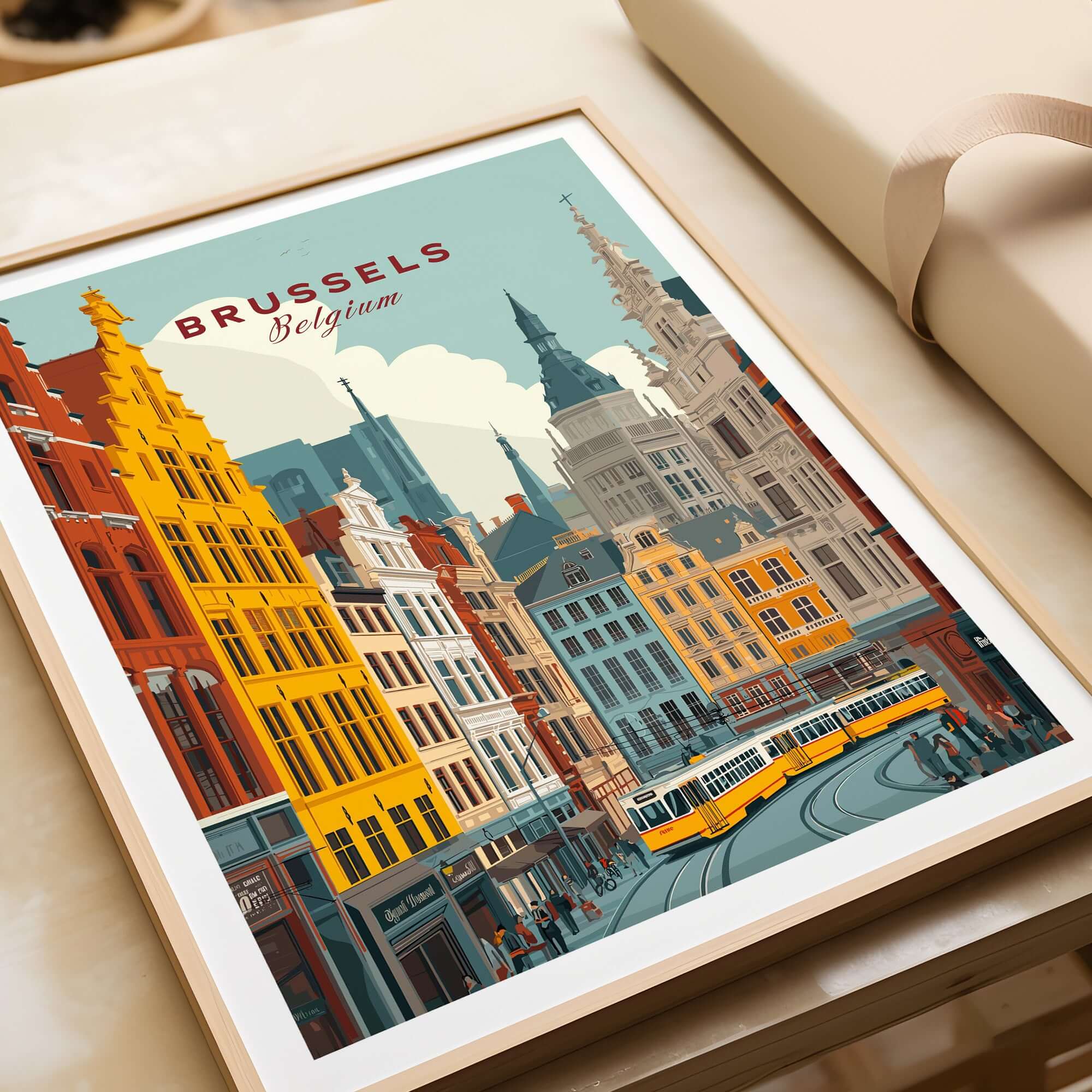Brussels Belgium Tram Cityscape Poster - Vibrant European Street Scene showcasing colorful trams and historic buildings.