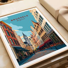Brussels Print Belgium - Old Town Europe Poster featuring charming streets and architecture of Brussels.