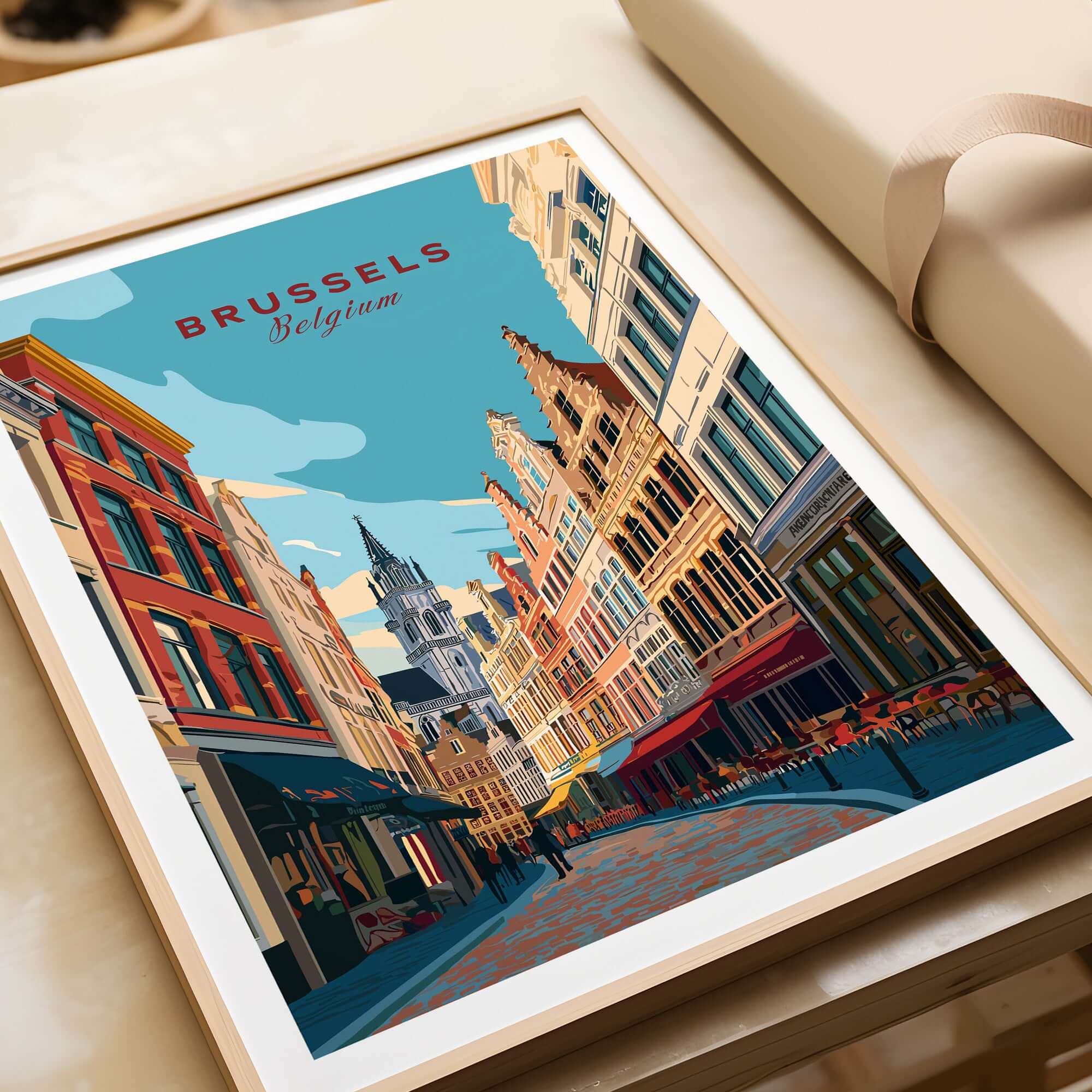 Brussels Print Belgium - Old Town Europe Poster featuring charming streets and architecture of Brussels.